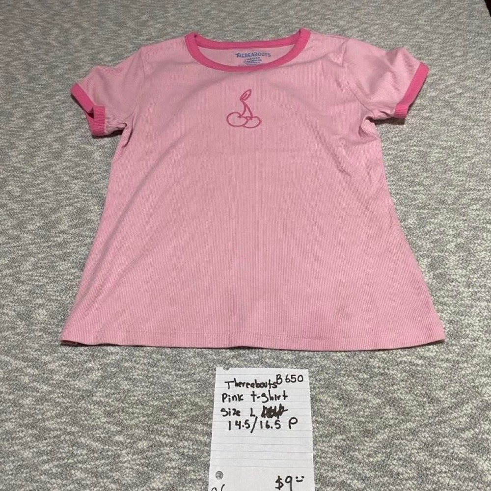 Thereabouts pink t-shirt with cherry graphic, teen size L (14.5/16.5). SKU-B650